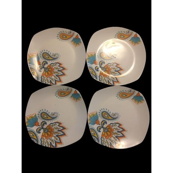 Square Dinner Plates Tabletops Gallery White Orange Blue  Paisley 10" Set of 4 - Picture 2 of 3